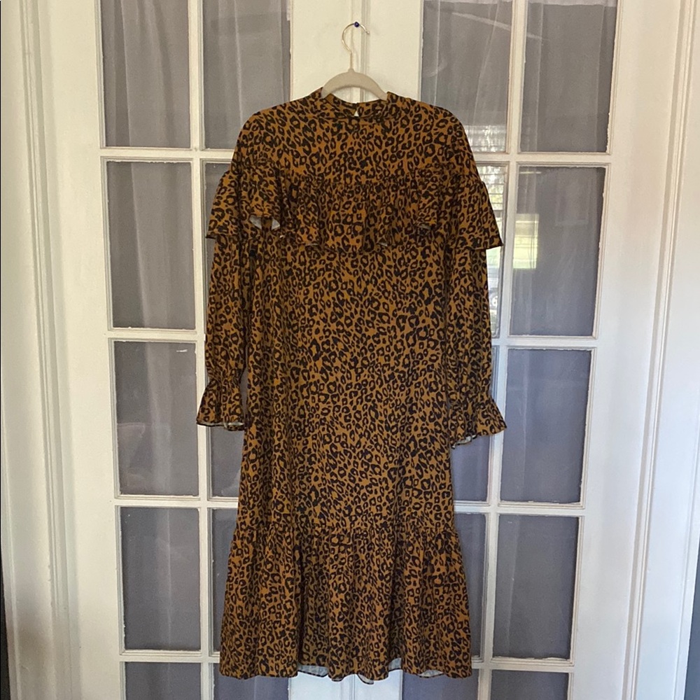 O.P.T Leopard Print Animal Print Boho High Neck Ruffle Dress Size Small